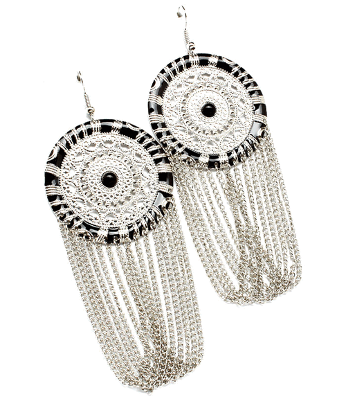 Round Silver & Black Drop Earrings